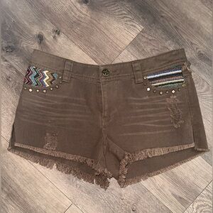 Miss Me Brown Jean Shorts Tribal Pattern